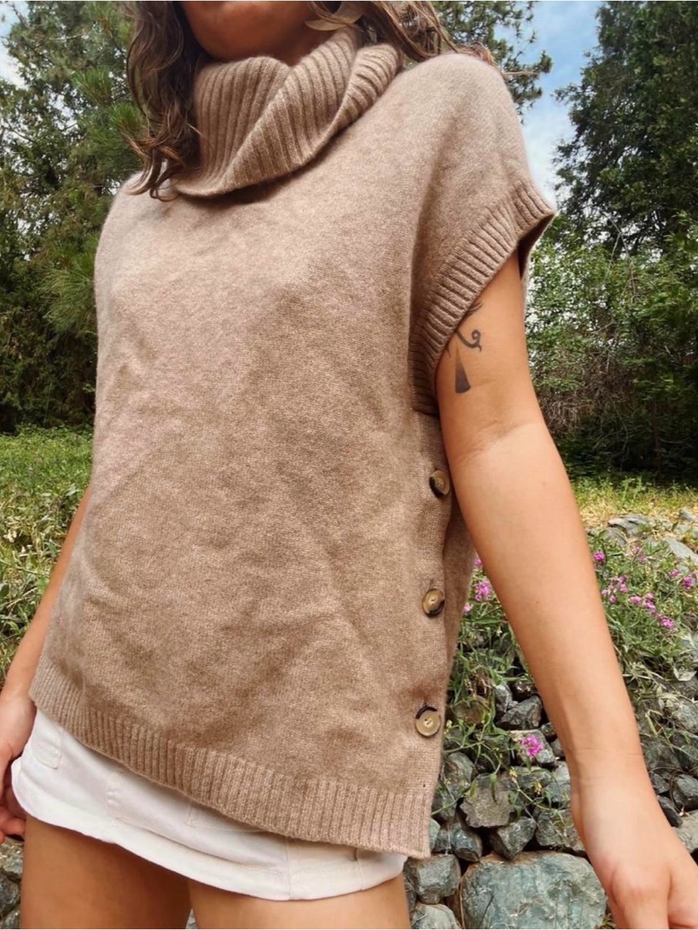 100% Cashmere Turtle Neck Button-Side Sleeveless Sweater Vest in Taupe